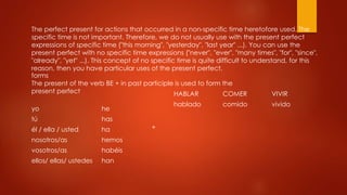 The perfect present for actions that occurred in a non-specific time heretofore used. The
specific time is not important. Therefore, we do not usually use with the present perfect
expressions of specific time ("this morning", "yesterday", "last year" ...). You can use the
present perfect with no specific time expressions ("never", "ever", "many times", "for", "since",
"already", "yet" ...). This concept of no specific time is quite difficult to understand, for this
reason, then you have particular uses of the present perfect.
forms
The present of the verb BE + in past participle is used to form the
present perfect
+
HABLAR COMER VIVIR
hablado comido vivido
yo he
tú has
él / ella / usted ha
nosotros/as hemos
vosotros/as habéis
ellos/ ellas/ ustedes han
 