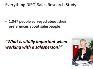 Everything DiSC®
Sales Research Study
• 1,047 people surveyed about their
preferences about salespeople
 