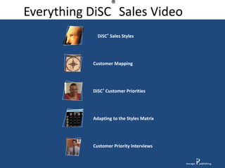Everything DiSC
®
Sales Video
DiSC® Customer Priorities
Customer Priority Interviews
DiSC® Sales Styles
Customer Mapping
Adapting to the Styles Matrix
 