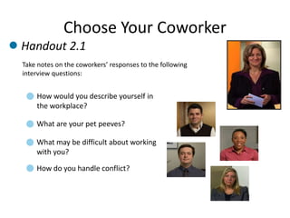 How would you describe yourself in
the workplace?
Choose Your Coworker
Handout 2.1
What are your pet peeves?
What may be difficult about working
with you?
How do you handle conflict?
Take notes on the coworkers’ responses to the following
interview questions:
 