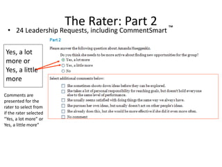 The Rater: Part 2
• 24 Leadership Requests, including CommentSmart ™
Yes, a lot
more or
Yes, a little
more
Comments are
presented for the
rater to select from
if the rater selected
“Yes, a lot more” or
Yes, a little more”
 
