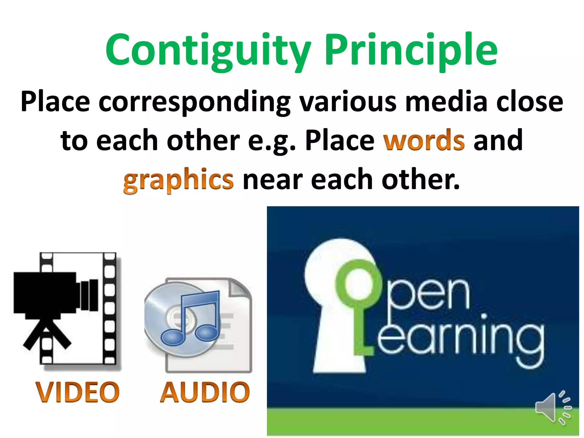 Contiguity Principle
Place corresponding various media close
   to each other e.g. Place      and
                near each other.
 