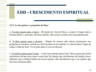 47
EDD - CRESCIMENTO ESPIRITUAL
12.5. As três partes e o propósito de Deus
a. O corpo aponta para o Egito – Do ponto de vista de Deus, o corpo é o lugar onde o
pecado habita e, portanto, não tem remédio. Deveremos receber um corpo glorificado.
b. A alma aponta para o deserto – Depois de termos sido salvos, precisamos nos
perguntar se estamos vivendo no nível da alma ou do espírito. A vida da alma é lugar de
aridez e falta de fruto. Viver pela alma é viver no deserto.
c. O espírito aponta para Canaã – A boa terra aponta para Cristo. Deus queria que Israel
desfrutasse da boa terra assim como hoje Ele deseja que desfrutemos do Senhor Jesus.
Sabemos que o Senhor habita em nosso espírito, daí entendermos que é no espírito que
devemos desfrutar dEle.
 
