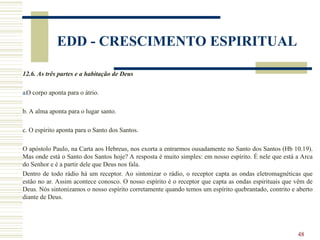 48
EDD - CRESCIMENTO ESPIRITUAL
12.6. As três partes e a habitação de Deus
a.O corpo aponta para o átrio.
b. A alma aponta para o lugar santo.
c. O espírito aponta para o Santo dos Santos.
O apóstolo Paulo, na Carta aos Hebreus, nos exorta a entrarmos ousadamente no Santo dos Santos (Hb 10.19).
Mas onde está o Santo dos Santos hoje? A resposta é muito simples: em nosso espírito. É nele que está a Arca
do Senhor e é a partir dele que Deus nos fala.
Dentro de todo rádio há um receptor. Ao sintonizar o rádio, o receptor capta as ondas eletromagnéticas que
estão no ar. Assim acontece conosco. O nosso espírito é o receptor que capta as ondas espirituais que vêm de
Deus. Nós sintonizamos o nosso espírito corretamente quando temos um espírito quebrantado, contrito e aberto
diante de Deus.
 