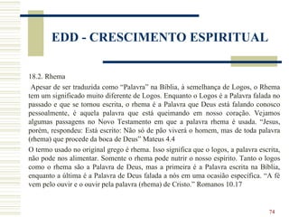 74
EDD - CRESCIMENTO ESPIRITUAL
18.2. Rhema
Apesar de ser traduzida como “Palavra” na Bíblia, à semelhança de Logos, o Rhema
tem um significado muito diferente de Logos. Enquanto o Logos é a Palavra falada no
passado e que se tornou escrita, o rhema é a Palavra que Deus está falando conosco
pessoalmente, é aquela palavra que está queimando em nosso coração. Vejamos
algumas passagens no Novo Testamento em que a palavra rhema é usada. “Jesus,
porém, respondeu: Está escrito: Não só de pão viverá o homem, mas de toda palavra
(rhema) que procede da boca de Deus” Mateus 4.4
O termo usado no original grego é rhema. Isso significa que o logos, a palavra escrita,
não pode nos alimentar. Somente o rhema pode nutrir o nosso espírito. Tanto o logos
como o rhema são a Palavra de Deus, mas a primeira é a Palavra escrita na Bíblia,
enquanto a última é a Palavra de Deus falada a nós em uma ocasião específica. “A fé
vem pelo ouvir e o ouvir pela palavra (rhema) de Cristo.” Romanos 10.17
 