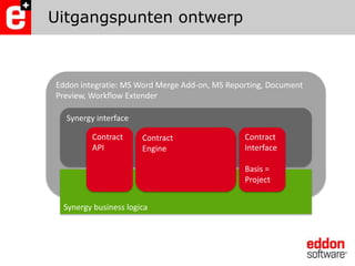 Uitgangspunten ontwerpEddon integratie: MS Word Merge Add-on, MS Reporting, Document Preview, Workflow ExtenderSynergy interfaceContractAPIContractEngineContractInterfaceBasis = ProjectSynergy business logica