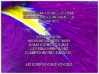 UNIVERSIDAD MIGUEL ALEMAN FACULTAD DE CIENCIAS DE LA EDUCACION 8H1 INTEGRANTES: NADIA HERNANDEZ RAZO DALIA GUTIRREZ MUNIZ LIZ PERLA HERNANDEZ ALBERTO IBARRA SUSTAITA. LIC EDDRAS COUTINO CRUZ 