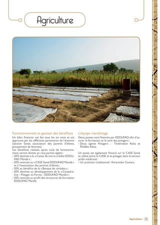 Agriculture

Fonctionnement et gestion des bénéﬁces

L’équipe maraîchage

Un bilan ﬁnancier est fait tous les six mois et est
approuvé par les différents partenaires de l’antenne
(section Santé, association des parents d’élèves,
groupement de femmes).
Les bénéﬁces réalisés, après coût de fonctionnement, seront divisés en cinq parties égales :
- 20% destinés à la « Caisse de micro-crédits EDDUFAO Mandé » ;
- 20% reversés au « CASE Santé EDDUFAO Mandé »
et à l’association des parents d’élèves ;
- 20% au bénéﬁce de la « Banque de céréales » ;
- 20% destinés au développement de la « Coopérative - Potager et Ferme - EDDUFAO Mandé » ;
- 20% reversés au proﬁt des structures de formation
EDDUFAO Mandé.

Deux postes sont ﬁnancés par EDDUFAO aﬁn d’assurer la formation, et le suivi des potagers :
- Deux agents Potagers : Ténémakan Keïta et
Modibo Keïta.
Un poste est également ﬁnancé sur le CASE Santé
et utilisé entre le CASE et le potager, dans la section
jardin médicinal :
- Un praticien traditionnel : Karamoko Camara.

- Agriculture - 15

BROCHURE.indd 17

12/05/09 14:15

 