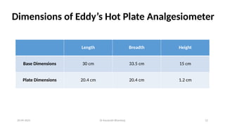 Dr Kaustubh Bhardwaj 12
Length Breadth Height
Base Dimensions 30 cm 33.5 cm 15 cm
Plate Dimensions 20.4 cm 20.4 cm 1.2 cm
20-09-2025
Dimensions of Eddy’s Hot Plate Analgesiometer
 