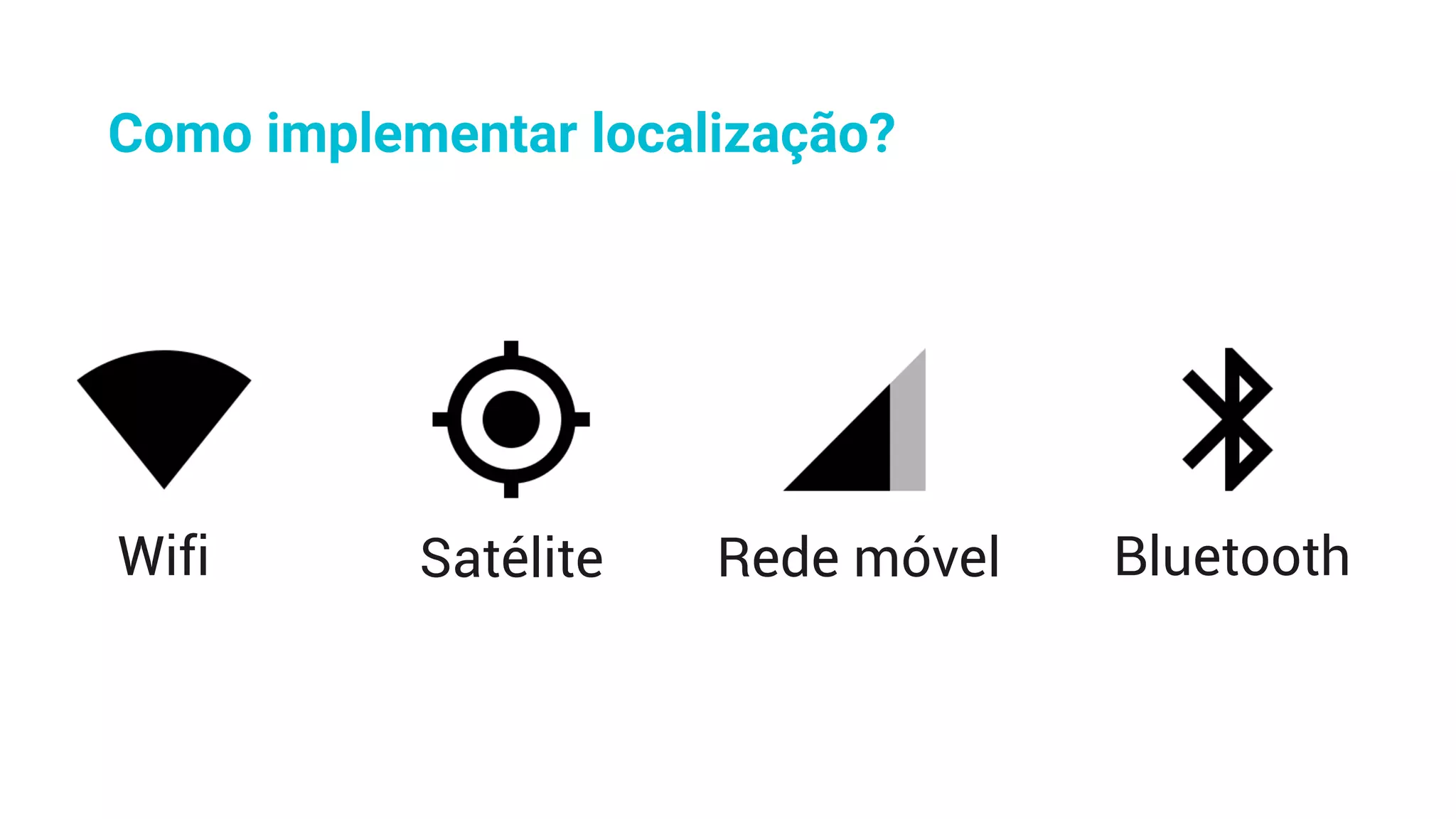Como implementar localização?
Wifi Satélite Rede móvel Bluetooth
 