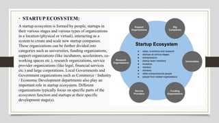 • STARTUP ECOSYSTEM:
A startup ecosystem is formed by people, startups in
their various stages and various types of organizations
in a location (physical or virtual), interacting as a
system to create and scale new startup companies.
These organizations can be further divided into
categories such as universities, funding organizations,
support organizations (like incubators, accelerators, co-
working spaces etc.), research organizations, service
provider organizations (like legal, financial services
etc.) and large corporations. Local Governments and
Government organizations such as Commerce / Industry
/ Economic Development departments also play an
important role in startup ecosystem. Different
organizations typically focus on specific parts of the
ecosystem function and startups at their specific
development stage(s).
 
