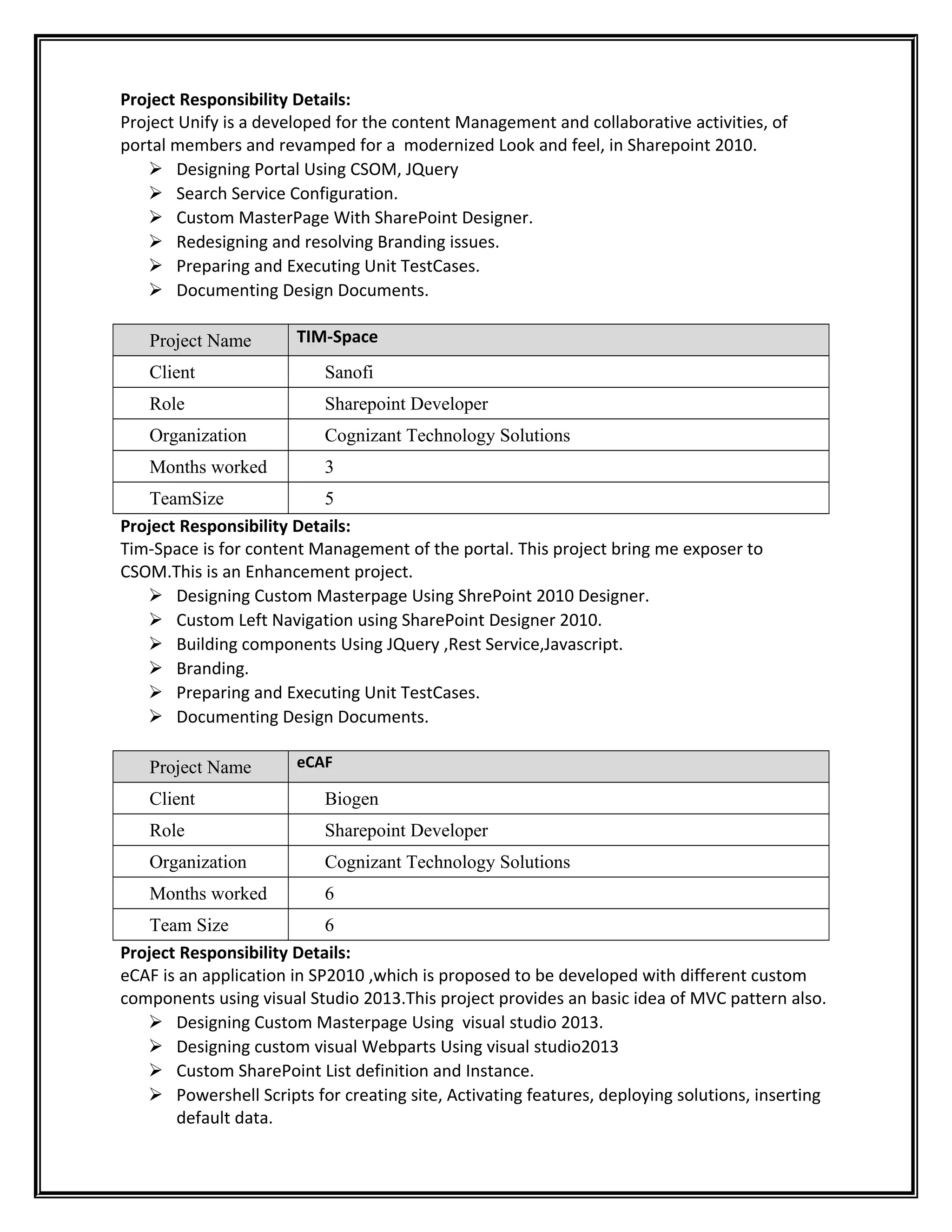 Project Responsibility Details:
Project Unify is a developed for the content Management and collaborative activities, of
portal members and revamped for a modernized Look and feel, in Sharepoint 2010.
 Designing Portal Using CSOM, JQuery
 Search Service Configuration.
 Custom MasterPage With SharePoint Designer.
 Redesigning and resolving Branding issues.
 Preparing and Executing Unit TestCases.
 Documenting Design Documents.
Project Name TIM-Space
Client Sanofi
Role Sharepoint Developer
Organization Cognizant Technology Solutions
Months worked 3
TeamSize 5
Project Responsibility Details:
Tim-Space is for content Management of the portal. This project bring me exposer to
CSOM.This is an Enhancement project.
 Designing Custom Masterpage Using ShrePoint 2010 Designer.
 Custom Left Navigation using SharePoint Designer 2010.
 Building components Using JQuery ,Rest Service,Javascript.
 Branding.
 Preparing and Executing Unit TestCases.
 Documenting Design Documents.
Project Name eCAF
Client Biogen
Role Sharepoint Developer
Organization Cognizant Technology Solutions
Months worked 6
Team Size 6
Project Responsibility Details:
eCAF is an application in SP2010 ,which is proposed to be developed with different custom
components using visual Studio 2013.This project provides an basic idea of MVC pattern also.
 Designing Custom Masterpage Using visual studio 2013.
 Designing custom visual Webparts Using visual studio2013
 Custom SharePoint List definition and Instance.
 Powershell Scripts for creating site, Activating features, deploying solutions, inserting
default data.
 