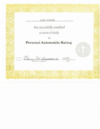 Personal Automobile Rating Cert
