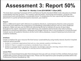 Assessment 3: Report 50%
Due Week 14 – Monday 2 June 2014 BEFORE 11:59pm (WST)

The Early Years Learning Framework (EYLF) and National Quality Standard (NQS) invite educators to embed
sustainability into their practice. This involves reducing waste, minimising consumption, caring for the
environment and contributing to a sustainable future. In preparation for your upcoming field experience
placement in a junior primary (6-8 years) classroom, you need to:
Report:
Write a 1000 word report with reference to academic literature, contemporary theories and curriculum
documents that addresses the importance of embedding sustainable practices into our early childhood
programs. Make sure you use the APA (v.6) referencing format to indicate all sources of your ideas
throughout the report. Consistent in-text references are needed to demonstrate clear links to theory.
Reference to dictionary definitions, Wikipedia and Google Internet sites is not accepted at a University level.
Instead, source all academic literature via the Curtin Library database, research-based journal articles and
academic textbooks.
Artefacts:
Create 3 artefacts for your resource file that honour sustainability by using mostly natural, found or recycled
materials where possible.
 Artefact 1: A classroom organisational tool such as a class calendar, weather or birthday chart;
 Artefact 2: Props or a puppet to accompany a storybook of your choice; and
 Artefact 3: A storage item to use during a mat session. For example a story box, story bag, treasure chest or puppet
theatre (made from a shoe, refrigerator or washing machine cardboard box).

Lesson Plan:
Prepare one lesson/experience plan that showcases how you will use at least 2 of the artefacts that you have
created with a junior primary (6-8 years) class. Please use the experience plan template provided within the
Professional Practice Handbook (p. 30).

 