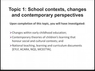 Topic 1: School contexts, changes
and contemporary perspectives
Upon completion of this topic, you will have investigated:
Changes within early childhood education;
Contemporary theories of children’s learning that

honour social and cultural contexts; and
National teaching, learning and curriculum documents
[EYLF, ACARA, NQS, MCEETYA].

 