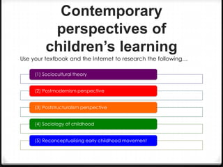 Contemporary
perspectives of
children’s learning
Use your textbook and the Internet to research the following…
(1) Sociocultural theory
(2) Postmodernism perspective
(3) Poststructuralism perspective
(4) Sociology of childhood
(5) Reconceptualising early childhood movement

 