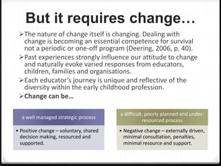But it requires change…
The nature of change itself is changing. Dealing with

change is becoming an essential competence for survival
not a periodic or one-off program (Deering, 2006, p. 40).
Past experiences strongly influence our attitude to change
and naturally evoke varied responses from educators,
children, families and organisations.
Each educator’s journey is unique and reflective of the
diversity within the early childhood profession.
Change can be…
a well managed strategic process
• Positive change – voluntary, shared
decision making, resourced and
supported.

a difficult, poorly planned and underresourced process
• Negative change – externally driven,
minimal consultation, penalties,
minimal resource and support.

 
