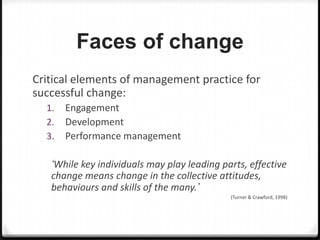 Faces of change
Critical elements of management practice for
successful change:
1.
2.
3.

Engagement
Development
Performance management

‘While key individuals may play leading parts, effective
change means change in the collective attitudes,
behaviours and skills of the many.’
(Turner & Crawford, 1998)

 
