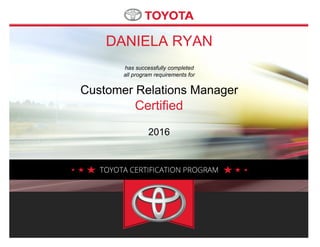DANIELA RYAN
has successfully completed
all program requirements for
Customer Relations Manager
Certified
2016
 