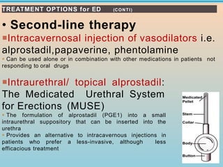 TREATMENT OPTIONS for ED (CONTI)
• Second-line therapy
Intracavernosal injection of vasodilators i.e.
alprostadil,papaverine, phentolamine
▪ Can be used alone or in combination with other medications in patients not
responding to oral drugs
[[
Intraurethral/ topical alprostadil:
The Medicated Urethral System
for Erections (MUSE)
▪ The formulation of alprostadil (PGE1) into a small
intraurethral suppository that can be inserted into the
urethra
▪ Provides an alternative to intracavernous injections in
patients who prefer a less-invasive, although less
efficacious treatment
 