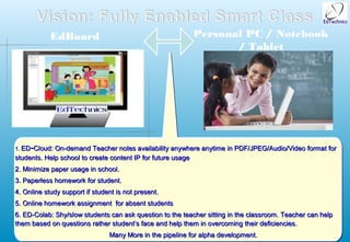 EdBoard                                           Personal PC / Notebook
                                                                     / Tablet




1. ED-Cloud: On-demand Teacher notes availability anywhere anytime in PDF/JPEG/Audio/Video format for
students. Help school to create content IP for future usage
2. Minimize paper usage in school.
3. Paperless homework for student.
4. Online study support if student is not present.
5. Online homework assignment for absent students
6. ED-Colab: Shy/slow students can ask question to the teacher sitting in the classroom. Teacher can help
them based on questions rather student’s face and help them in overcoming their deficiencies.
                                Many More in the pipeline for alpha development.
 