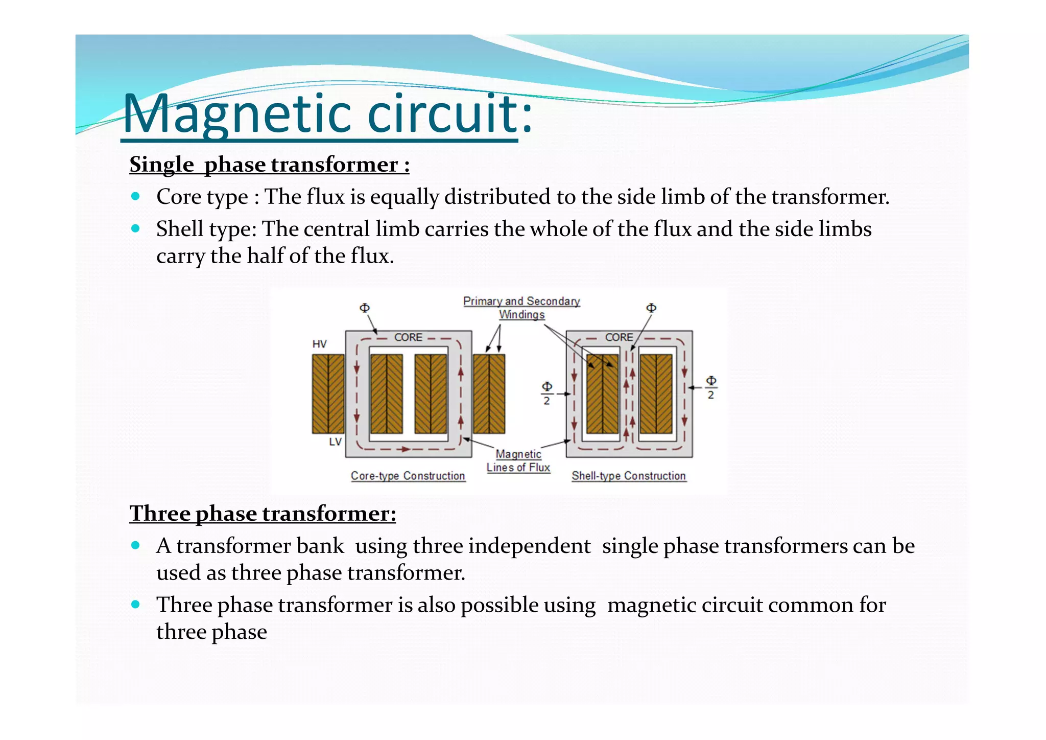 Magnetic circuit:
Single phase transformer :
 Core type : The flux is equally distributed to the side limb of the transformer.
 Shell type: The central limb carries the whole of the flux and the side limbs
carry the half of the flux.
Three phase transformer:
 A transformer bank using three independent single phase transformers can be
used as three phase transformer.
 Three phase transformer is also possible using magnetic circuit common for
three phase
 
