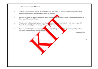 Stresses on an Inclined Element
1. On Mohr‘s circle, measure an angle 2θ counterclockwise from radius cA, because point A corresponds to θ = 0
and hence is the reference point from which angles are measured.
2. The angle 2θ locates the point D on the circle, which has coordinates σx1 and τx1y1. Point D represents the stresses on
the x1 face of the inclined element.
3. Point E, which is diametrically opposite point D on the circle, is located at an angle 2θ + 180° from cA (and 180°
from cD). Thus point E gives the stress on the y1 face of the inclined element.
4. So, as we rotate the x1y1 axes counterclockwise by an angle θ, the point on Mohr‘s circle corresponding to the x1
face moves counterclockwise through an angle 2θ.
(based on Gere)
8
 
