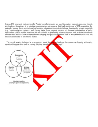 ferrous PM structural parts are used). Powder metallurgy parts are used in engine, transmis-sion, and chassis
applications. Sometimes it is a unique microstructure or property that leads to the use of PM processing: for
example, porous filters, self-lubricating bearings, dispersion-strengthened alloys, functionally graded materi-als
(e.g., titanium-hydroxyapatite), and cutting tools from tungsten carbide or diamond com-posites. Captive
applications of PM include materials that are difficult to process by other techniques, such as refractory metals
and reac-tive metals. Other examples in this category are special compounds such as molybdenum disili-cide and
titanium aluminide, or amorphous metals.
The metal powder industry is a recognized metal forming technology that competes dir-ectly with other
metalworking practices such as casting, forging, stamping (fine blanking),
 