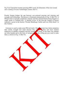 Fig. 9 (a) Typical hot isostatic pressing (HIP) vessel. (b) Schematic of the wire-wound
unit. Courtesy of Avure Technologies. Source: Ref 13
Powder forging bridges the gap between con-ventional pressing and sintering and
wrought steel technology. The process is illustrated schematically in Fig. 12 (Ref 15). A
PM pre-form is typically compacted, sintered, and then reheated before being forged in a
single stroke in confined dies. A detailed review of the pow-der forging of ferrous
materials is given in the Section ―Powder Metallurgy Carbon and Low-Alloy Steels‖ in
this Volume.
Extrusion is used to make some PM tool steels. These materials have better properties
than similar wrought tool steels because they contain a finer and more uniform
dispersion of carbides compared with the wrought tool steels. In the latter, the carbides
are often banded and in the form of stringers due to the rolling pro-cess used to make
them, as shown in Fig. 13 (Ref 16).
 