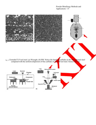 Powder Metallurgy Methods and
Applications / 15
Fig. 13 Extruded T15 tool steel. (a) Wrought. (b) PM. Notice the bands of carbides in the wrought tool steel
compared with the uniform dispersion of fine carbides in the PM tool steel. Source: Ref 16
 