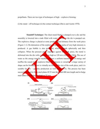 3
propellants. There are two type of techniques of high – explosive forming:
(i) the stand – off technique (ii) the contact technique (Davis and Austin 1970).
Standoff Technique: The sheet metal blank is clamped over a die and the
assembly is lowered into a tank filled with water. The air in the die is pumped out.
The explosive charge is placed at some predetermined distance from the work piece
(Figure 1.1). On detonation of the explosive, a pressure pulse of very high intensity is
produced. A gas bubble is also produced, which expands spherically and then
collapses. When the pressure pulse impinges against the work piece, the metal is
deformed into the die with a velocity as high as 120 m/s (ASTME 1964). The use of
water as the energy transfer medium ensures a uniform transmission of energy and
muffles the sound of the explosive blast. The process is versatile – a large variety of
shape can be formed, there is virtually no limit to the size of the work piece, and it is
suitable for low – quantity production as well (Ezra 1973). The process has been
successfully used to form steel plates 0f 25 mm thick and 400 mm length and to bulge
steel tubes with thickers as high as 25 mm.
 