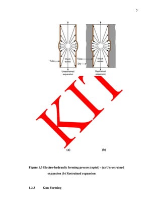5
(a) (b)
Figure 1.3 Electro-hydraulic forming process (nptel) - (a) Unrestrained
expansion (b) Restrained expansion
1.2.3 Gun Forming
 
