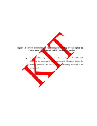 Figure 1.4 Various applications of electromagnetic forming process (nptel). (i)
Compression (ii) Expansion and (iii) Sheet metal forming.
A coil used for ring compression is shown in Figure 1.4. (i) This coil
is similar in geometry to an expansion coil. However, during the
forming operation, the coil is placed surrounding the tube to be
compressed.
 