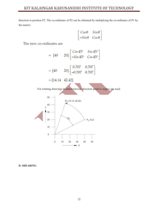 12
direction to position P2. The co-ordinates of P2 can be obtained by multiplying the co-ordinates of P1 by
the matrix:
For rotating drawings in anticlockwise direction positive angles are used.
D. SHEARING
 