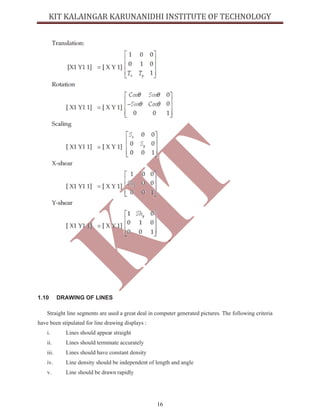16
1.10 DRAWING OF LINES
Straight line segments are used a great deal in computer generated pictures. The following criteria
have been stipulated for line drawing displays :
i. Lines should appear straight
ii. Lines should terminate accurately
iii. Lines should have constant density
iv. Line density should be independent of length and angle
v. Line should be drawn rapidly
 