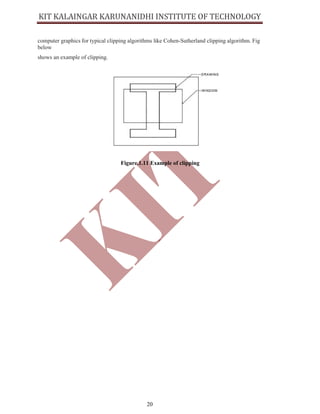 20
computer graphics for typical clipping algorithms like Cohen-Sutherland clipping algorithm. Fig
below
shows an example of clipping.
Figure.1.11 Example of clipping
 