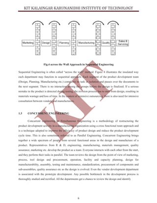6
Fig.4 across the Wall Approach in Sequential Engineering
Sequential Engineering is often called “across the wall” method. Figure 4 illustrates the insulated way
each department may function in sequential approach. Each segment of the product development team
(Design, Planning, Manufacturing etc.) completes its task in isolation and passes over the documents to
the next segment. There is no interaction among the groups before the design is finalized. If a serious
mistake in the product is detected during testing, the revision process has to start from design, resulting in
materials wastage and loss of time. In the context of extensive outsourcing, there is also need for intensive
consultation between vendors and manufacturers.
1.3 CONCURRENT ENGINEERING
Concurrent engineering or Simultaneous Engineering is a methodology of restructuring the
product development activity in a manufacturing organization using a cross functional team approach and
is a technique adopted to improve the efficiency of product design and reduce the product development
cycle time. This is also sometimes referred to as Parallel Engineering. Concurrent Engineering brings
together a wide spectrum of people from several functional areas in the design and manufacture of a
product. Representatives from R & D, engineering, manufacturing, materials management, quality
assurance, marketing etc. develop the product as a team. Everyone interacts with each other from the start,
and they perform their tasks in parallel. The team reviews the design from the point of view of marketing,
process, tool design and procurement, operation, facility and capacity planning, design for
manufacturability, assembly, testing and maintenance, standardization, procurement of components and
sub-assemblies, quality assurance etc as the design is evolved. Even the vendor development department
is associated with the prototype development. Any possible bottleneck in the development process is
thoroughly studied and rectified. All the departments get a chance to review the design and identify
 