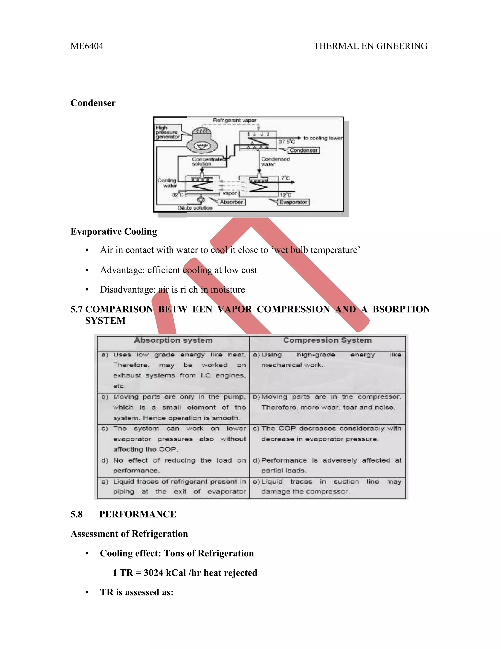 ME6404 THERMAL EN GINEERING
Condenser
Evaporative Cooling
• Air in contact with water to cool it close to „wet bulb temperature‟
• Advantage: efficient cooling at low cost
• Disadvantage: air is ri ch in moisture
5.7 COMPARISON BETW EEN VAPOR COMPRESSION AND A BSORPTION
SYSTEM
5.8 PERFORMANCE
Assessment of Refrigeration
• Cooling effect: Tons of Refrigeration
1 TR = 3024 kCal /hr heat rejected
• TR is assessed as:
 