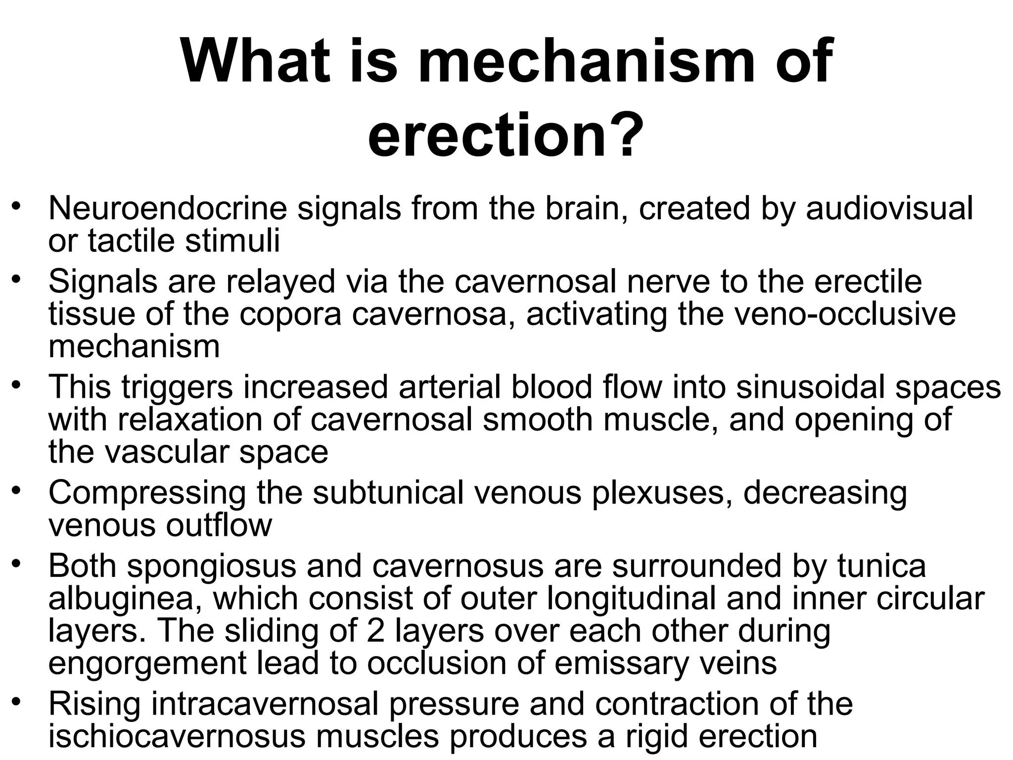 What is mechanism of
erection?
• Neuroendocrine signals from the brain, created by audiovisual
or tactile stimuli
• Signals are relayed via the cavernosal nerve to the erectile
tissue of the copora cavernosa, activating the veno-occlusive
mechanism
• This triggers increased arterial blood flow into sinusoidal spaces
with relaxation of cavernosal smooth muscle, and opening of
the vascular space
• Compressing the subtunical venous plexuses, decreasing
venous outflow
• Both spongiosus and cavernosus are surrounded by tunica
albuginea, which consist of outer longitudinal and inner circular
layers. The sliding of 2 layers over each other during
engorgement lead to occlusion of emissary veins
• Rising intracavernosal pressure and contraction of the
ischiocavernosus muscles produces a rigid erection
 