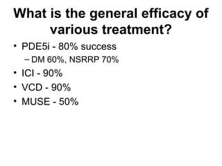 What is the general efficacy of
various treatment?
• PDE5i - 80% success
– DM 60%, NSRRP 70%
• ICI - 90%
• VCD - 90%
• MUSE - 50%
 