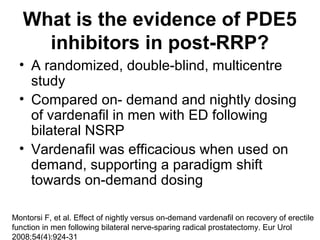 What is the evidence of PDE5
inhibitors in post-RRP?
• A randomized, double-blind, multicentre
study
• Compared on- demand and nightly dosing
of vardenafil in men with ED following
bilateral NSRP
• Vardenafil was efficacious when used on
demand, supporting a paradigm shift
towards on-demand dosing
Montorsi F, et al. Effect of nightly versus on-demand vardenafil on recovery of erectile
function in men following bilateral nerve-sparing radical prostatectomy. Eur Urol
2008;54(4):924-31
 