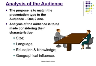 Analysis of the Audience The purpose is to match the presentation type to the Audience – One 2 one.  Analysis of the audience is to be made considering their characteristics-  Size; Language; Education & Knowledge; Geographical influence. 