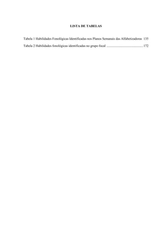 LISTA DE TABELAS
Tabela 1 Habilidades Fonológicas Identificadas nos Planos Semanais das Alfabetizadoras 135
Tabela 2 Habilidades fonológicas identificadas no grupo focal ............................................172
 