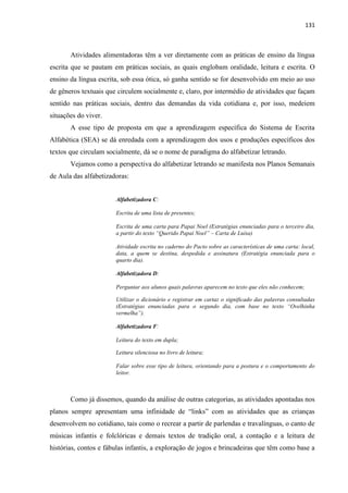 131
Atividades alimentadoras têm a ver diretamente com as práticas de ensino da língua
escrita que se pautam em práticas sociais, as quais englobam oralidade, leitura e escrita. O
ensino da língua escrita, sob essa ótica, só ganha sentido se for desenvolvido em meio ao uso
de gêneros textuais que circulem socialmente e, claro, por intermédio de atividades que façam
sentido nas práticas sociais, dentro das demandas da vida cotidiana e, por isso, medeiem
situações do viver.
A esse tipo de proposta em que a aprendizagem específica do Sistema de Escrita
Alfabética (SEA) se dá enredada com a aprendizagem dos usos e produções específicos dos
textos que circulam socialmente, dá se o nome de paradigma do alfabetizar letrando.
Vejamos como a perspectiva do alfabetizar letrando se manifesta nos Planos Semanais
de Aula das alfabetizadoras:
Alfabetizadora C:
Escrita de uma lista de presentes;
Escrita de uma carta para Papai Noel (Estratégias enunciadas para o terceiro dia,
a partir do texto “Querido Papai Noel” – Carta de Luísa)
Atividade escrita no caderno do Pacto sobre as características de uma carta: local,
data, a quem se destina, despedida e assinatura (Estratégia enunciada para o
quarto dia).
Alfabetizadora D:
Perguntar aos alunos quais palavras aparecem no texto que eles não conhecem;
Utilizar o dicionário e registrar em cartaz o significado das palavras consultadas
(Estratégias enunciadas para o segundo dia, com base no texto “Ovelhinha
vermelha”).
Alfabetizadora F:
Leitura do texto em dupla;
Leitura silenciosa no livro de leitura;
Falar sobre esse tipo de leitura, orientando para a postura e o comportamento do
leitor.
Como já dissemos, quando da análise de outras categorias, as atividades apontadas nos
planos sempre apresentam uma infinidade de “links” com as atividades que as crianças
desenvolvem no cotidiano, tais como o recrear a partir de parlendas e travalínguas, o canto de
músicas infantis e folclóricas e demais textos de tradição oral, a contação e a leitura de
histórias, contos e fábulas infantis, a exploração de jogos e brincadeiras que têm como base a
 