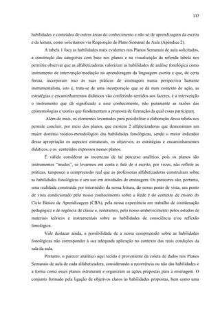 137
habilidades e conteúdos de outras áreas do conhecimento e não só de aprendizagem da escrita
e da leitura, como solicitamos via Requisição de Plano Semanal de Aula (Apêndice 2).
A tabela 1 foca as habilidades mais evidentes nos Planos Semanais de aula solicitados,
a construção das categorias com base nos planos e na visualização da referida tabela nos
permitiu observar que as alfabetizadoras valorizam as habilidades de análise fonológica como
instrumento de intervenção/mediação na aprendizagem da linguagem escrita e que, de certa
forma, incorporam isso às suas práticas de ensinagem numa perspectiva bastante
instrumentalista, isto é, trata-se de uma incorporação que se dá num contexto de ação, as
estratégias e encaminhamentos didáticos vão conferindo sentidos aos fazeres, é a intervenção
o instrumento que dá significado a esse conhecimento, não puramente as razões das
epistemologias e teorias que fundamentam a proposta de formação da qual essas participam.
Além do mais, os elementos levantados para possibilitar a elaboração dessa tabela nos
permite concluir, por meio dos planos, que existem 2 alfabetizadoras que demonstram um
maior domínio teórico-metodológico das habilidades fonológicas, sendo o maior indicador
dessa apropriação os aspectos estruturais, os objetivos, as estratégias e encaminhamentos
didáticos, e os conteúdos expressos nesses planos.
É válido considerar as incertezas de tal percurso analítico, pois os planos são
instrumentos “mudos”, se levarmos em conta o fato de o escrito, por vezes, não refletir as
práticas, tampouco a compreensão real que as professoras alfabetizadoras construíram sobre
as habilidades fonológicas e seu uso em atividades de ensinagem. Os pareceres são, portanto,
uma realidade construída por intermédio da nossa leitura, do nosso ponto de vista, um ponto
de vista condicionado pelo nosso conhecimento sobre a Rede e do contexto de ensino do
Ciclo Básico de Aprendizagem (CBA), pela nossa experiência em trabalho de coordenação
pedagógica e de regência de classe e, reiteramos, pelo nosso embevecimento pelos estudos de
materiais teóricos e instrumentais sobre as habilidades de consciência e/ou reflexão
fonológica.
Vale destacar ainda, a possibilidade de a nossa compreensão sobre as habilidades
fonológicas não corresponder à sua adequada aplicação no contexto das reais condições da
sala de aula.
Portanto, o parecer analítico aqui tecido é proveniente da coleta de dados nos Planos
Semanais de aula de cada alfabetizadora, considerando a recorrência ou não das habilidades e
a forma como esses planos estruturam e organizam as ações propostas para a ensinagem. O
conjunto formado pela ligação de objetivos claros às habilidades propostas, bem como uma
 