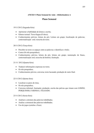 197
ANEXO 1 Plano Semanal de Aula - Alfabetizadora A
Plano Semanal
19/11/2012 (Segunda-feira)
 Aprimorar a habilidade da leitura e escrita;
 Gênero textual: Trava-língua (O doce);
 Conhecimentos prévios; leitura da pró; Leitura em grupo; localização de palavras;
contextualização oral; reescrita do texto.
20/11/2012 (Terça-feira)
 Perceber no texto os espaços entre as palavras e identificar o título;
 Conto (Os três porquinhos);
 Conhecimentos prévios; leitura da pró, leitura em grupo; numeração de frases,
contextualização oral; reescrita da história; ilustração.
21/11/ 2012 (Quarta-feira)
 Traduzir informações expressas no texto;
 Os três porquinhos;
 Conhecimentos prévios; conversa; texto lacunado; produção de outro final.
22/11/2012 (Quinta feira)
 Localizar os pares de rima;
 Os três porquinhos;
 Conversa informal; ilustração; produção; escrita das palvras que rimam com LOBÃO,
PORQUINHO, FARINHA e TELHADO.
23/11/2012 (Sexta-feira)
 Analisar a estrutura das palavras trabalhadas;
 Analise a estrutural das palavras trabalhadas;
 Uso de jogos (cartelas e ficas).
 