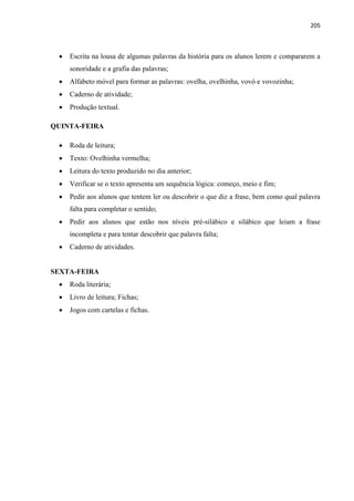 205
 Escrita na lousa de algumas palavras da história para os alunos lerem e compararem a
sonoridade e a grafia das palavras;
 Alfabeto móvel para formar as palavras: ovelha, ovelhinha, vovó e vovozinha;
 Caderno de atividade;
 Produção textual.
QUINTA-FEIRA
 Roda de leitura;
 Texto: Ovelhinha vermelha;
 Leitura do texto produzido no dia anterior;
 Verificar se o texto apresenta um sequência lógica: começo, meio e fim;
 Pedir aos alunos que tentem ler ou descobrir o que diz a frase, bem como qual palavra
falta para completar o sentido;
 Pedir aos alunos que estão nos níveis pré-silábico e silábico que leiam a frase
incompleta e para tentar descobrir que palavra falta;
 Caderno de atividades.
SEXTA-FEIRA
 Roda literária;
 Livro de leitura; Fichas;
 Jogos com cartelas e fichas.
 