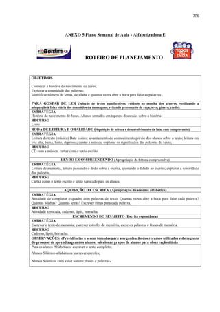 206
ANEXO 5 Plano Semanal de Aula - Alfabetizadora E
ROTEIRO DE PLANEJAMENTO
OBJETIVOS
Conhecer a história do nascimento de Jesus;
Explorar a sonoridade das palavras;
Identificar número de letras, de sílaba e quantas vezes abre a boca para falar as palavras .
PARA GOSTAR DE LER (Seleção de textos significativos, cuidado na escolha dos gêneros, verificando a
adequação à faixa etária dos conteúdos da mensagens, evitando preconceito de raça, sexo, gênero, credo).
ESTRATÉGIA
História do nascimento de Jesus. Alunos sentados em tapetes; discussão sobre a história
RECURSO
Livro
RODA DE LEITURA E ORALIDADE (Aquisição de leitura e desenvolvimento da fala, com compreensão).
ESTRATÉGIA
Leitura do texto (música) Bate o sino; levantamento do conhecimento prévio dos alunos sobre o texto; leitura em
voz alta, baixa, lento, depressa; cantar a música, explorar os significados das palavras do texto;
RECURSO
CD com a música, cartaz com o texto escrito.
LENDO E COMPREENDENDO (Apropriação da leitura compreensiva)
ESTRATÉGIA
Leitura de memória, leitura passando o dedo sobre a escrita, ajustando o falado ao escrito; explorar a sonoridade
das palavras.
RECURSO
Cartaz como o texto escrito e texto xerocado para os alunos
AQUISIÇÃO DA ESCRITA (Apropriação do sistema alfabético)
ESTRATÉGIA
Atividade de completar o quadro com palavras de texto. Quantas vezes abre a boca para falar cada palavra?
Quantas Sílabas? Quantas letras? Escrever rimas para cada palavra.
RECURSO
Atividade xerocada, caderno, lápis, borracha.
ESCREVENDO DO SEU JEITO (Escrita espontânea)
ESTRATÉGIA
Escrever o texto de memória; escrever estrofes de memória, escrever palavras e frases de memória.
RECURSO
Caderno, lápis, borracha.
OBSERVAÇÕES: (Providências a serem tomadas para a organização dos recursos utilizados e do registro
do processo de aprendizagem dos alunos: selecionar grupos de alunos para observação diária
Para os alunos Alfabéticos: escrever o texto completo;
Alunos Silábico-alfabéticos: escrever estrofes;
Alunos Silábicos com valor sonoro: frases e palavras.
 