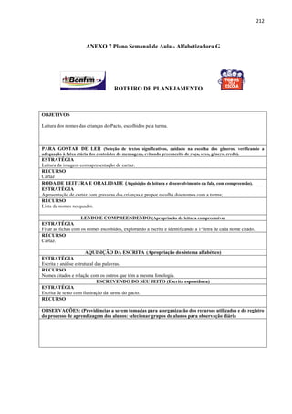 212
ANEXO 7 Plano Semanal de Aula - Alfabetizadora G
ROTEIRO DE PLANEJAMENTO
OBJETIVOS
Leitura dos nomes das crianças do Pacto, escolhidos pela turma.
PARA GOSTAR DE LER (Seleção de textos significativos, cuidado na escolha dos gêneros, verificando a
adequação à faixa etária dos conteúdos da mensagens, evitando preconceito de raça, sexo, gênero, credo).
ESTRATÉGIA
Leitura da imagem com apresentação de cartaz.
RECURSO
Cartaz
RODA DE LEITURA E ORALIDADE (Aquisição de leitura e desenvolvimento da fala, com compreensão).
ESTRATÉGIA
Apresentação de cartaz com gravuras das crianças e propor escolha dos nomes com a turma;
RECURSO
Lista de nomes no quadro.
LENDO E COMPREENDENDO (Apropriação da leitura compreensiva)
ESTRATÉGIA
Fixar as fichas com os nomes escolhidos, explorando a escrita e identificando a 1ª letra de cada nome citado.
RECURSO
Cartaz.
AQUISIÇÃO DA ESCRITA (Apropriação do sistema alfabético)
ESTRATÉGIA
Escrita e análise estrutural das palavras.
RECURSO
Nomes citados e relação com os outros que têm a mesma fonologia.
ESCREVENDO DO SEU JEITO (Escrita espontânea)
ESTRATÉGIA
Escrita de texto com ilustração da turma do pacto.
RECURSO
OBSERVAÇÕES: (Providências a serem tomadas para a organização dos recursos utilizados e do registro
do processo de aprendizagem dos alunos: selecionar grupos de alunos para observação diária
 
