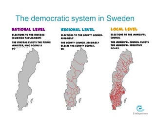 The democratic system in SwedenLocal levelElections to the Municipal CouncilThe Municipal Council elects the Municipal Executive BoardNational levelElections to the Riksdag (Swedish parliament)The Riksdag elects the Prime Minister, who forms a governmentRegional levelElections to the County Council AssemblyThe County Council Assembly elects the County Council Executive Board